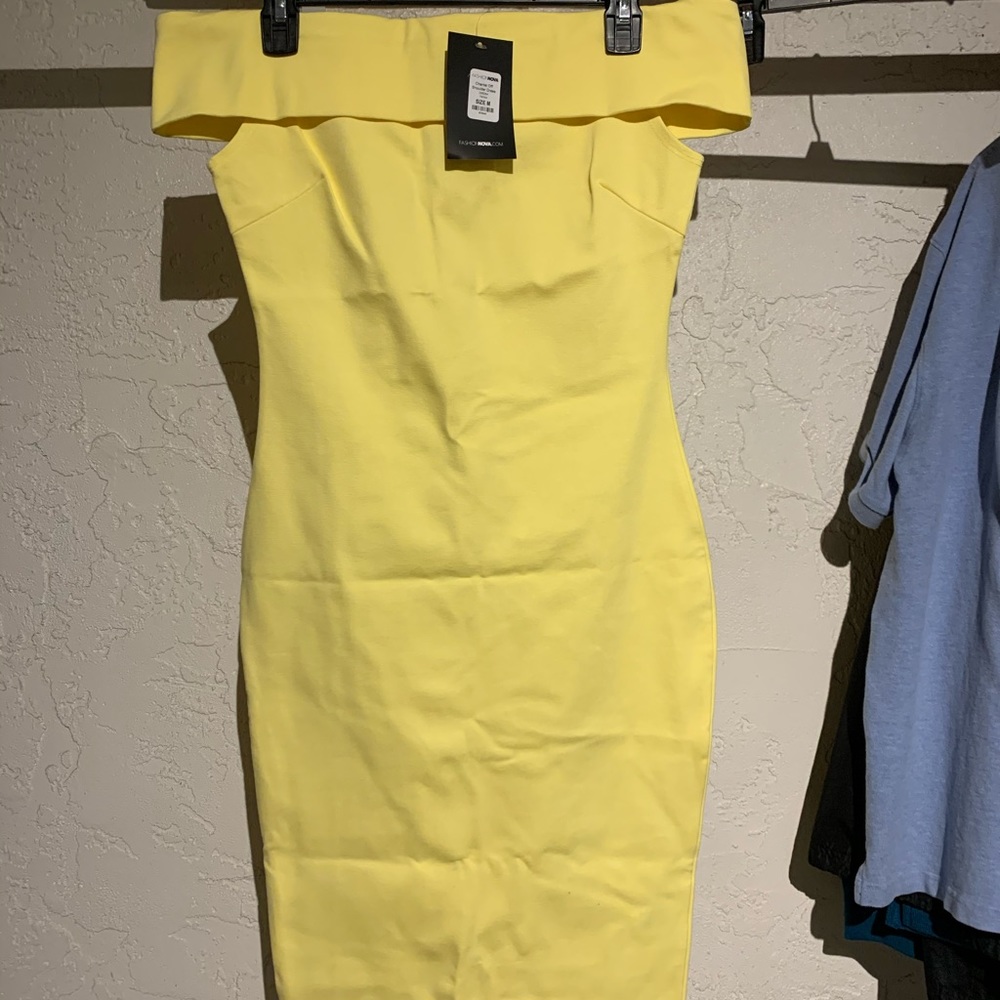 Fashion Nova Yellow Off Shoulder Zipper Back Dress
